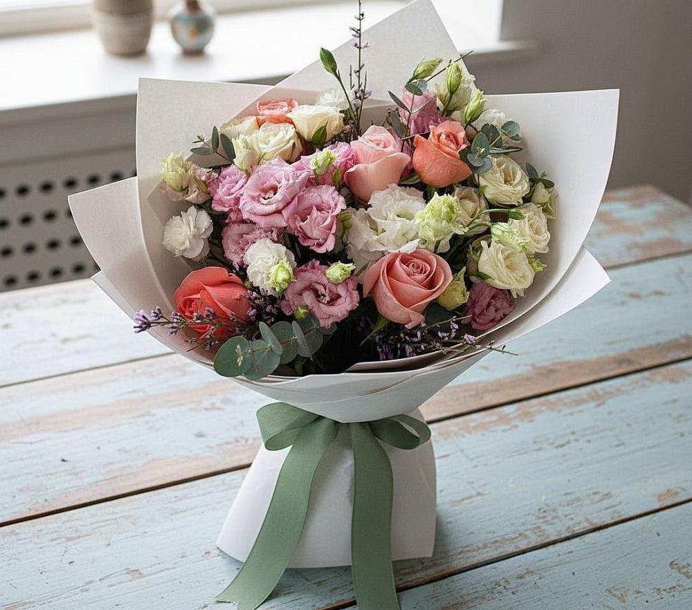 Букет цветов из: Розы, Лизиантусы и Гвоздики в Афанасьево