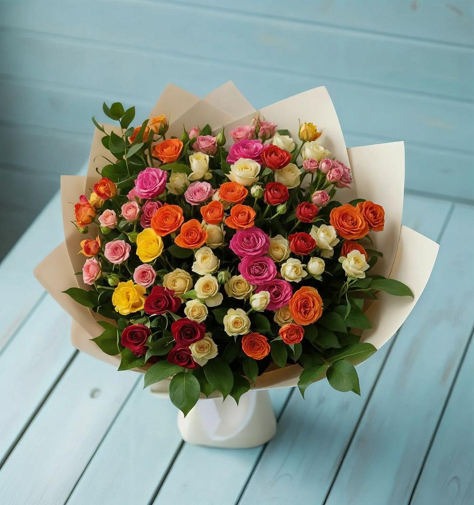 Букет Микс из разноцветных кустовых роз в Афанасьево