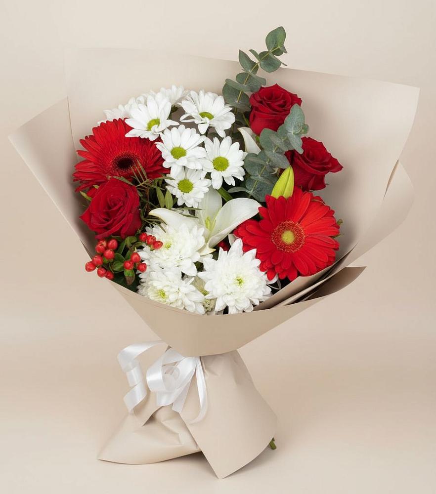 Букет цветов из: Розы, Хризантемы, Герберы и Лилии в Афанасьево