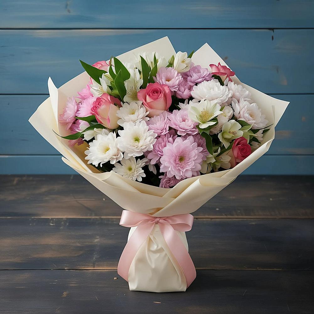 Букет цветов из: Хризантемы, Альстромерии и Розы в Афанасьево